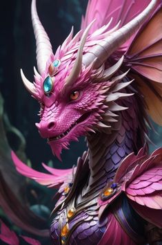 a pink dragon statue sitting on top of a table