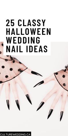 Embrace the dark allure of Halloween with these 25 striking black nail ideas for your wedding. Whether you prefer subtle accents or dramatic designs, this collection offers a range of styles to suit every bride's taste. From shimmering metallics to delicate gothic motifs, pin now to find the perfect nail art that completes your hauntingly beautiful bridal look. Click here for some fun Halloween wedding nail ideas. Goth Bridal Nails, Simple Bridal Nails, Classy Halloween Wedding, Black Wedding Nails, Halloween Nail Colors, Halloween Wedding Dresses, Nail Parlour, Halloween Bride, Bridal Manicure