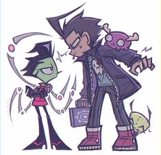 two cartoon characters are standing next to each other, one is holding an object in his hand