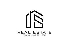 the logo for real estate, which is designed to be black and white with an abstract shape