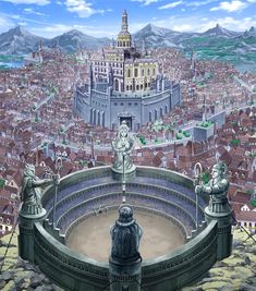 an aerial view of a city with buildings and statues in the foreground, surrounded by mountains