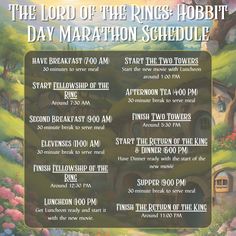 an advertisement for the lord of the rings hobbit day marathon schedule is shown