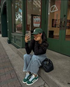 Outfits With Green Sneakers, Green Fall Sneakers For Streetwear, Green Sneakers For Fall Streetwear, Fits With Green Converse, Green Fall Streetwear Sneakers, Green Adidas Sneakers Outfit, Dark Green Sneakers Outfit, Jen From Downtown, Green Campus Adidas Outfit