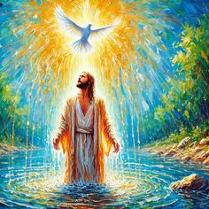 jesus standing in the water with his arms spread wide open, surrounded by bright lights