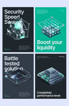 four brochures designed to look like futuristic buildings