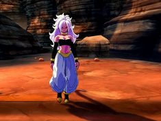 an animated image of a woman with white hair and purple dress standing in the desert