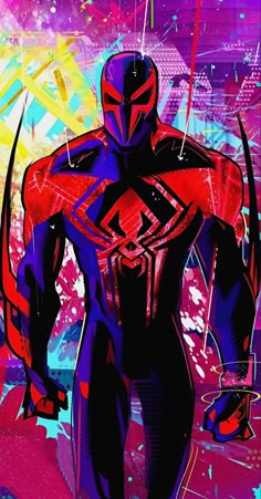 a painting of a man in a red and blue suit with his hands on his hips