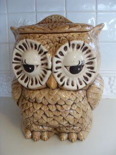 an owl cookie jar is sitting on a counter top with white tiles in the background