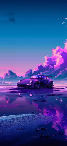 a car parked on the beach in front of some purple clouds and blue water at sunset