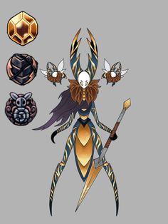 an image of a woman with two swords and some other things in her hand,