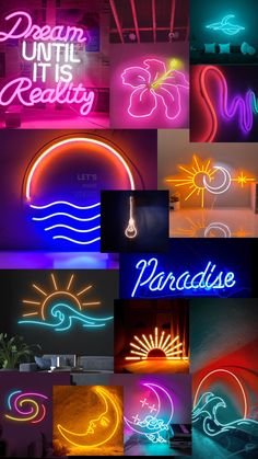 various neon signs are shown in different colors