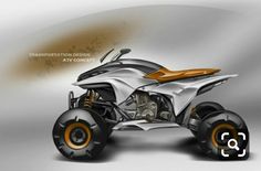 an artistic rendering of a four - wheeled vehicle with orange rims and large tires
