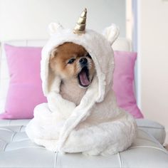 a small dog wearing a unicorn costume on top of a bed with its mouth open