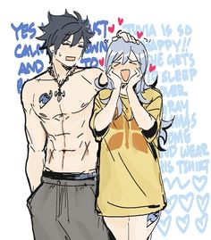 two anime characters standing next to each other with their hands on their chests and one holding his face