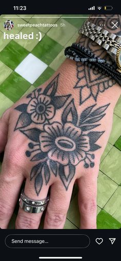 a person's hand with tattoos on it