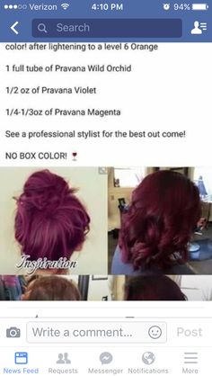 Purple hair... Burgandy Shades Eq Formula, Redken Plum Hair Color Formula, Red Violet Hair Color Formulas, Pravana Burgundy Formula, Violet Red Hair Color Formula, Burgundy Plum Hair Color Formula, Pravana Sangria, Plum Burgundy Hair, Wild Orchid Hair Color Pravana