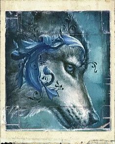 a painting of a dog wearing a bandana on it's head and neck