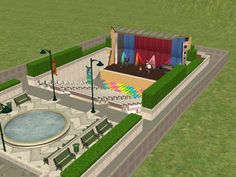 an artist's rendering of a building with a fountain and seating area in the center