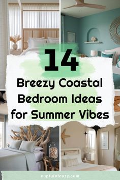 Bright and airy coastal bedroom with white bedding and light blue accents. This beach room decor idea creates a refreshing summer vibe. Perfect for ocean themed spaces.