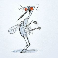a drawing of a mosquito with two red eyes on it's face and legs
