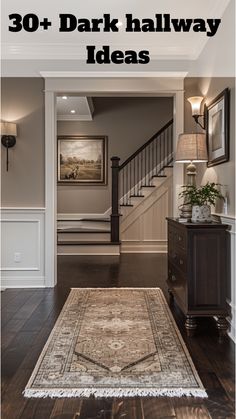 Classic Hallway Elegance: Neutral Walls, Dark Wooden Floors, Traditional Rug, & Sophisticated Accents