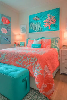 a bedroom with coral and blue decor on the walls