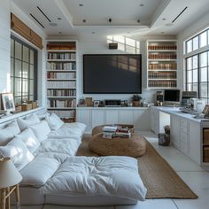 a living room filled with lots of furniture and bookshelves next to a flat screen tv
