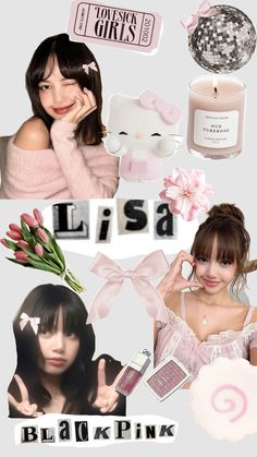 a collage of girls with pink hair and accessories on top of each other,