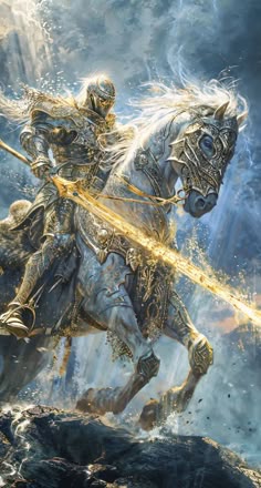 a man riding on the back of a white horse