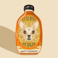 a bottle of hot sauce with a dog's face on it