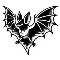 a black and white drawing of a bat with wings spread out, on a white background
