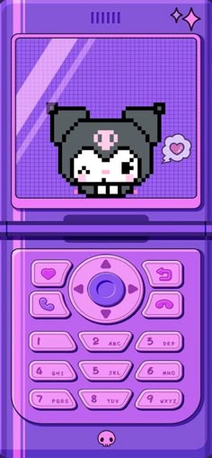 a purple cell phone with an animal face on the front and bottom panel, as well as