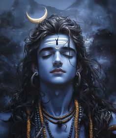 a painting of a woman with her eyes closed and the moon above her head is in the sky