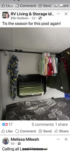 an image of a bedroom with clothes hanging on the rack and other items in the closet