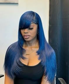 Dark Blue Wig Hairstyles, Wig With Blue Highlights Black Women, Navy Blue Wig Hairstyles, Blue Highlight Wigs For Black Women, Black Weave With Blue Highlights, Blue Highlights In Black Hair Wig, Black Wig With Blue Highlights, Black Wig Blue Highlights, Blue Quick Weave