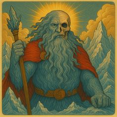 a painting of a man with long hair and beard holding a staff