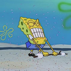 the spongebob character is holding an umbrella and walking in the sand with sprinkles on it