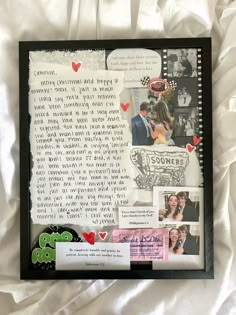 a collage of photos and pictures on a sheet of white fabric with the words love story written in cursive writing