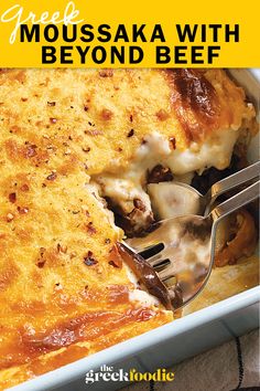a close up of a casserole in a pan with a fork and text overlay