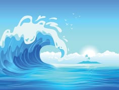 an ocean scene with a large wave in the foreground and a small island in the background