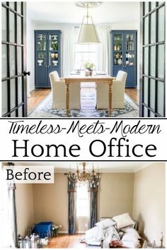 the interior and exterior of a home office before and after remodeling, with text overlay