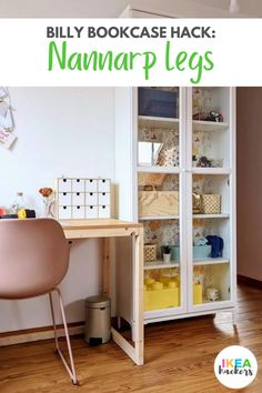 a room with a desk, chair and bookcase in the corner next to a wall