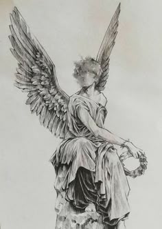 a pencil drawing of an angel sitting on top of a statue with her hands in her pockets