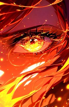 an anime character's eye with bright yellow and red streaks on the iris area