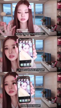 the girl is holding up her cell phone