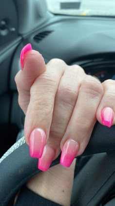 Coffin Tip Nails Design, Neon Pink Nail Design, Hot Pink Nail Ideas Summer, Pink Tip Nails Square, Nails Neon Pink, Fun Hot Pink Nails, White And Pink French Tip Nails, Different Shades Of Pink Nails French Tip, Ombre Nails Hot Pink