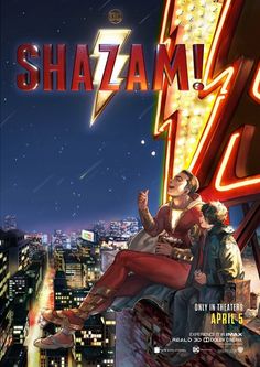 the movie poster for shazam 2 is shown in front of cityscape