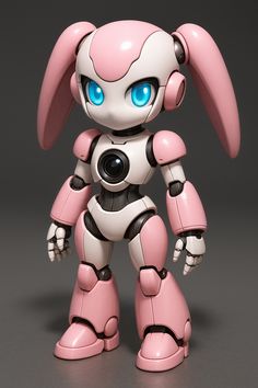 a pink and white robot with blue eyes standing in front of a gray background,