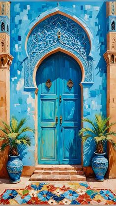 a painting of a blue door with two potted plants