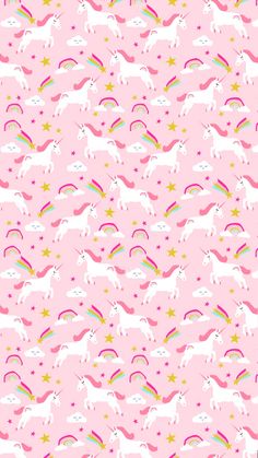 a pink background with unicorns and stars